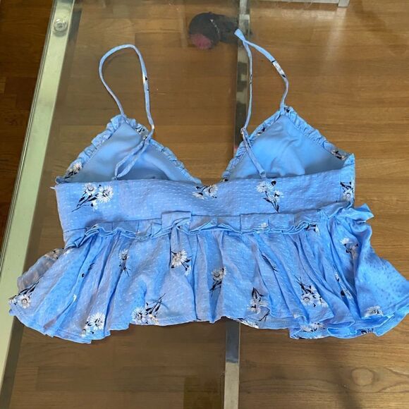 Cropped ruffled, camisole tops, adj straps, blue with  floral, print, side zip - Picture 9 of 9